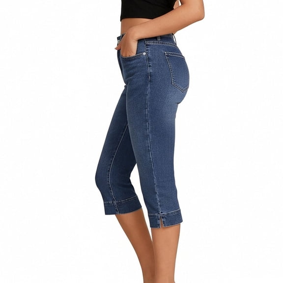 Miluxas Women's High Waisted Capri Jeans Casual Cropped Denim Pants with Ankle Slit Pockets Blue