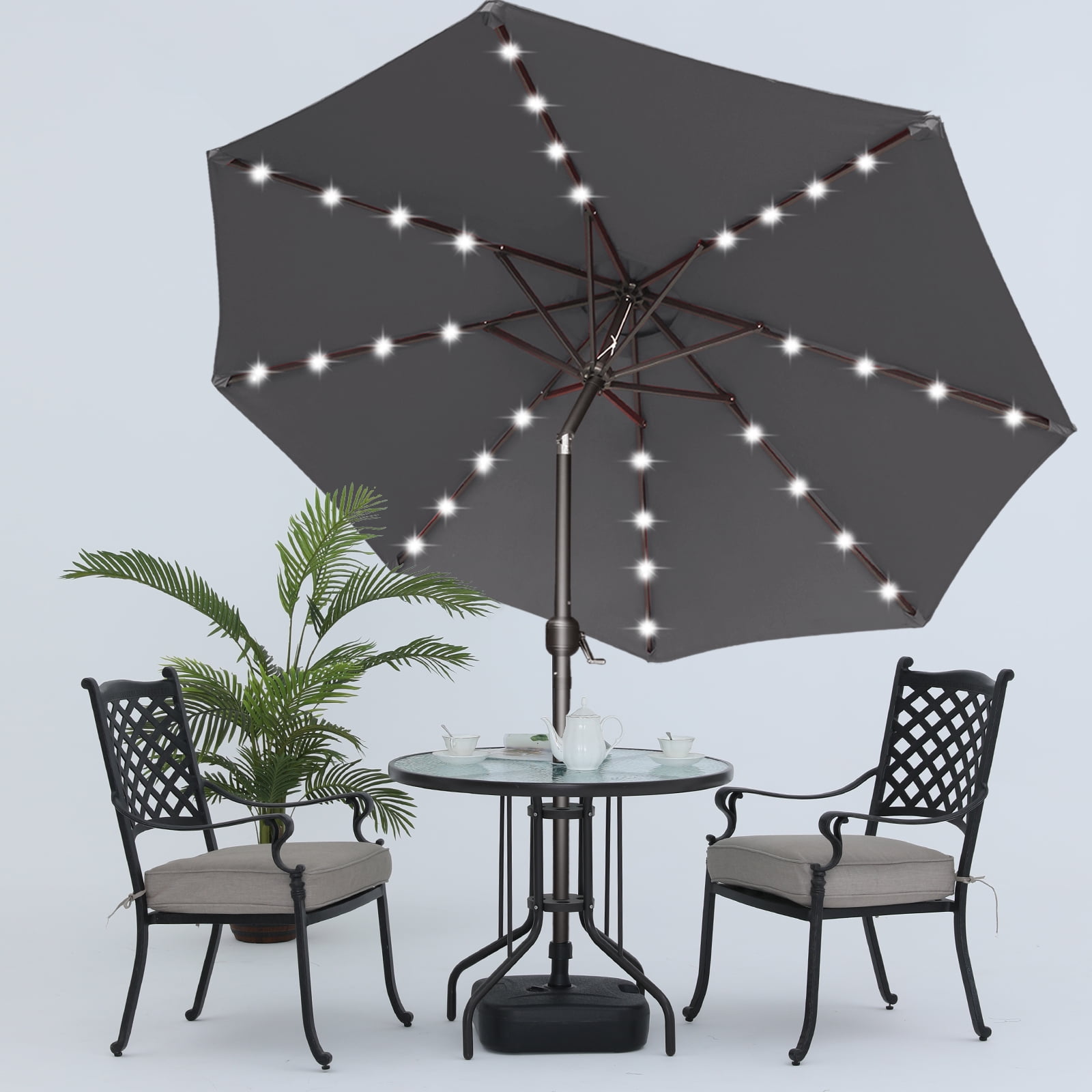 MASTERCANOPY 7.5ft Patio Umbrella with 32 Solar LED Lights 8 Ribs, Dark Gray