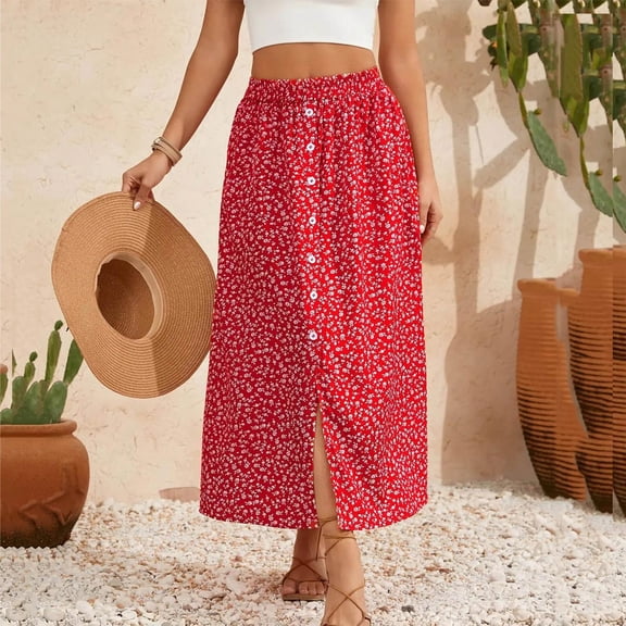 Maxi Skirts for Women Boho Elastic High Waist Button Front Side Slit Floral Print Flowy Summer Casual Beach Skirt