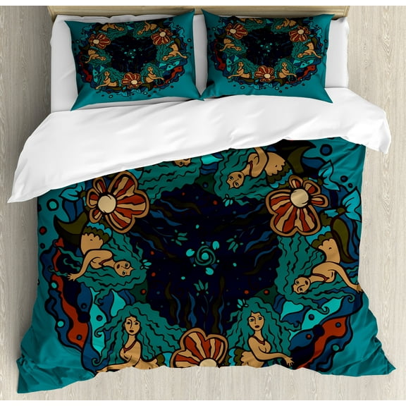 Mermaid Duvet Cover Set, Marine Theme Circle of Mermaids Illustration Vintage Style Ornamental Pattern, Decorative 3 Piece Bedding Set with 2 Pillow Shams, Calking Size, Teal Red Cream, by Ambesonne