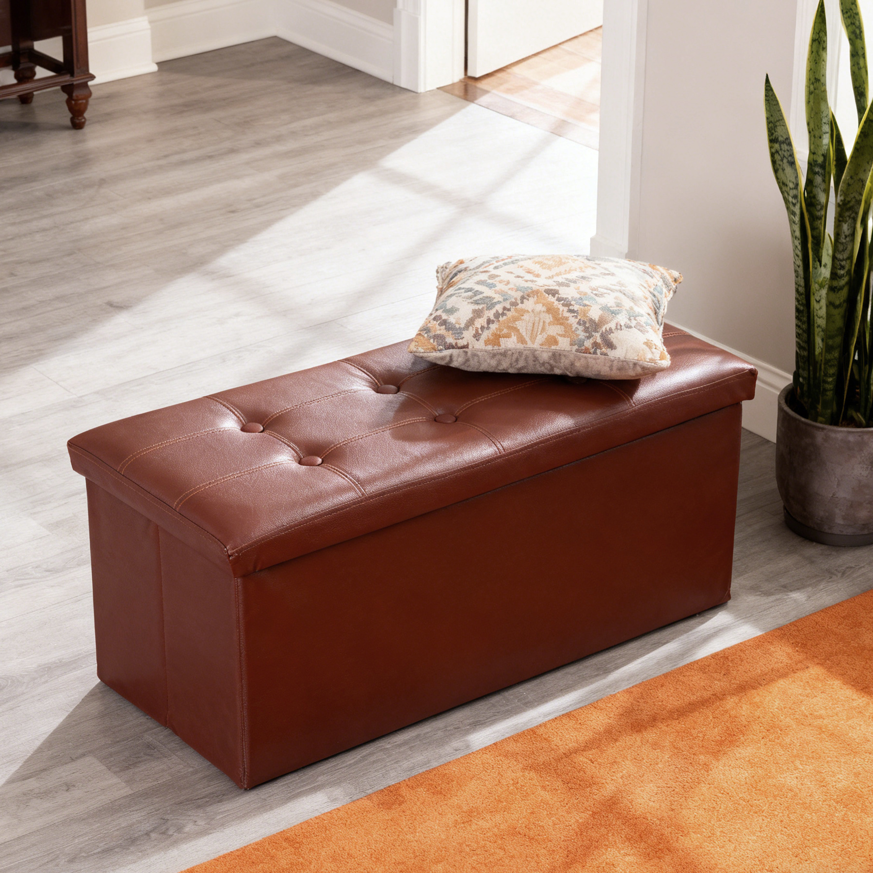 HomGarden 30'' Leather Storage Ottoman Bench Modern Foldable Footrest Padded Seat 350lbs Brown