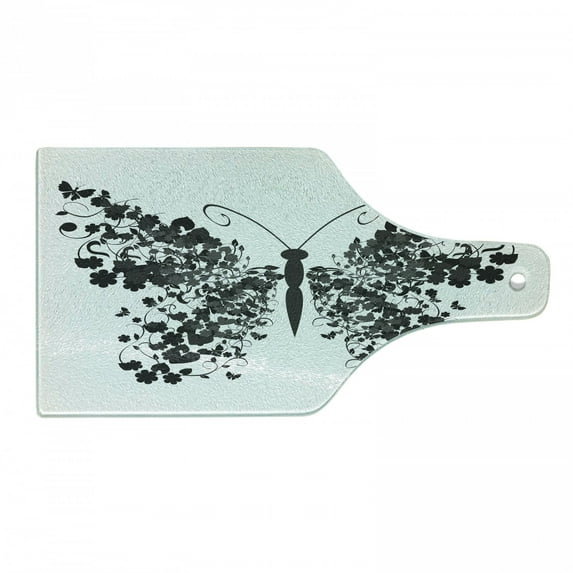 Butterfly Cutting Board, Abstract Insect Graphic with Leafy Wings in Monochromatic Design Print, Decorative Tempered Glass Cutting and Serving Board, in 3 Sizes, by Ambesonne
