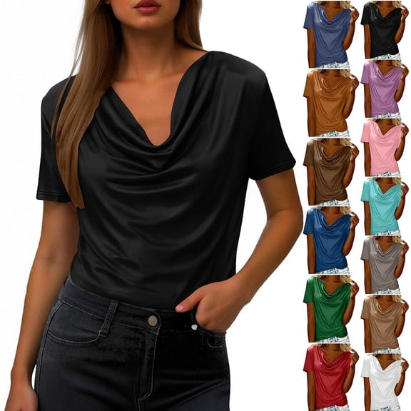 Otvok Women'S Tops Solid Color Fashionable Pile Collar Breathable Summer Short Sleeved Casual T-Shirt