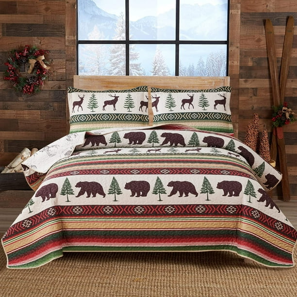 Green Essen Rustic Moose Bear Bedding Quilt Sets King Size 3 Pcs Yellow