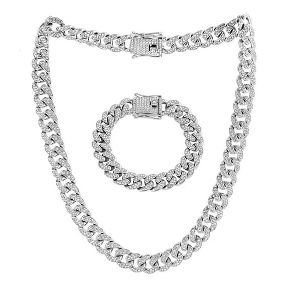 HONCLL Link Chain Set Rhinestones Jewelry Fashion Necklace and Bracelet Alloy Texture
