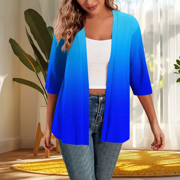 Women's Cotton-like Floral Long Cardigan Open Front Long Sleeve Pocket Lightweight Casual Spring Fall Layering Jacket Blue S