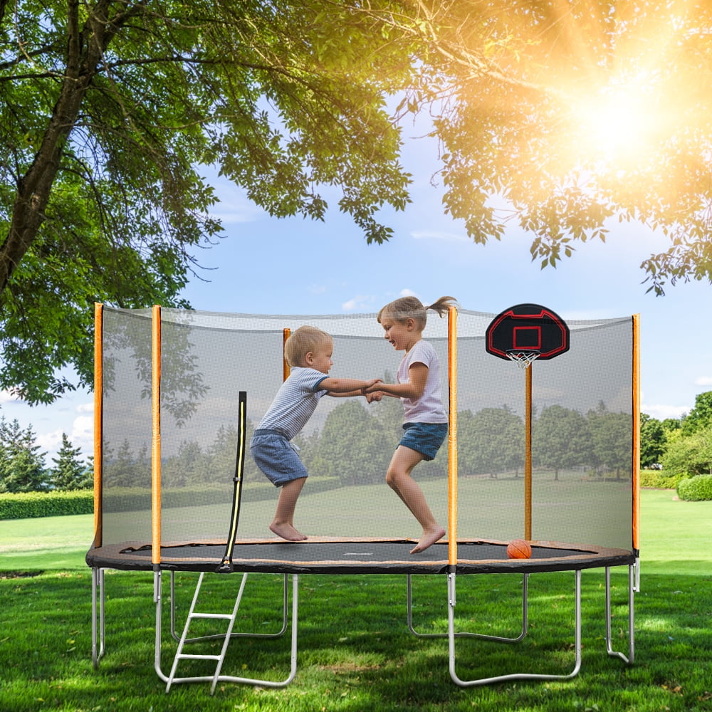14FT Trampoline, 2021 Upgraded Outdoor Round Trampoline with Safety Enclosure, Basketball Hoop and Ladder, Outdoor Trampoline for Family School Entertainment, Heavy Duty Frame & Coiled Spring, B4440