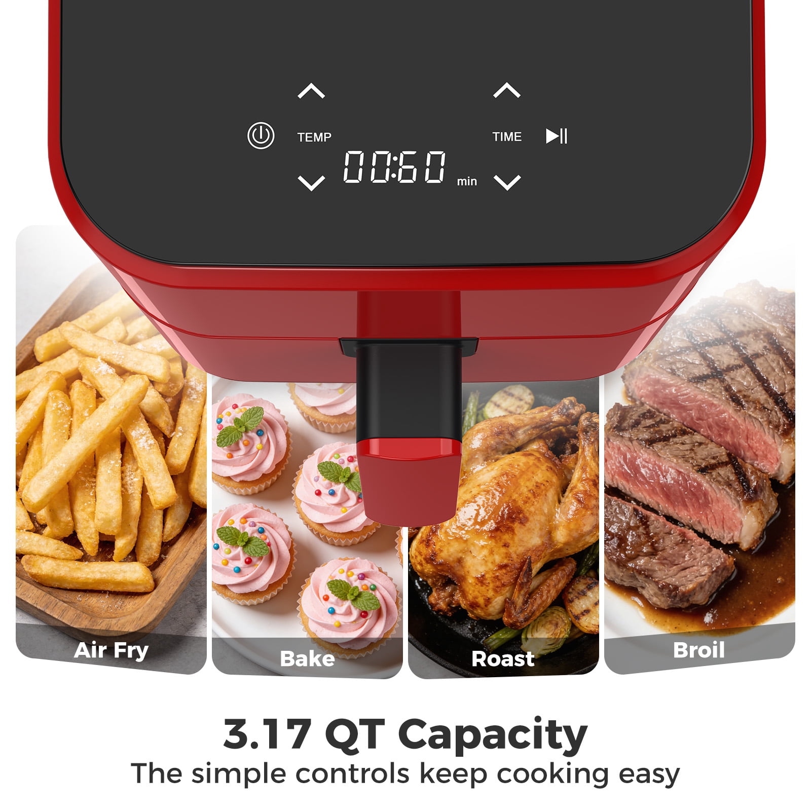 JIOABL 3 Qt Compact Air Fryer, 4-in-1 Air Fry Bake Roast Reheat, Dishwasher-Safe, Red