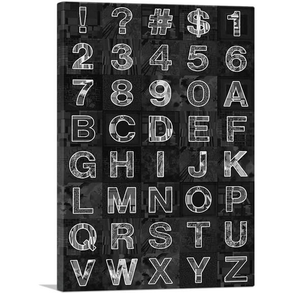 ARTCANVAS Modern Black & White Vertical Rectangle Full Alphabet Canvas Art Print - Size: 12" x 8" (0.75" Deep)