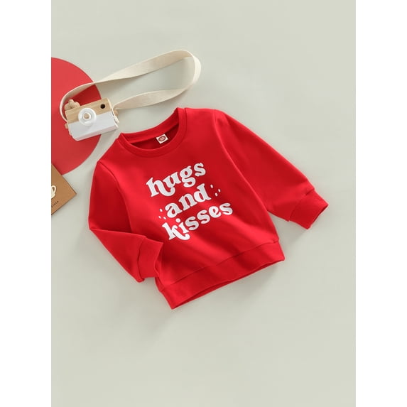 Toddler Baby Boy Girl Valentines Day Clothes Letter Print Sweatshirt Crewneck Long Sleeve Pullover Shirts Tops (Red Hugs Kisses , 3-4 Years)