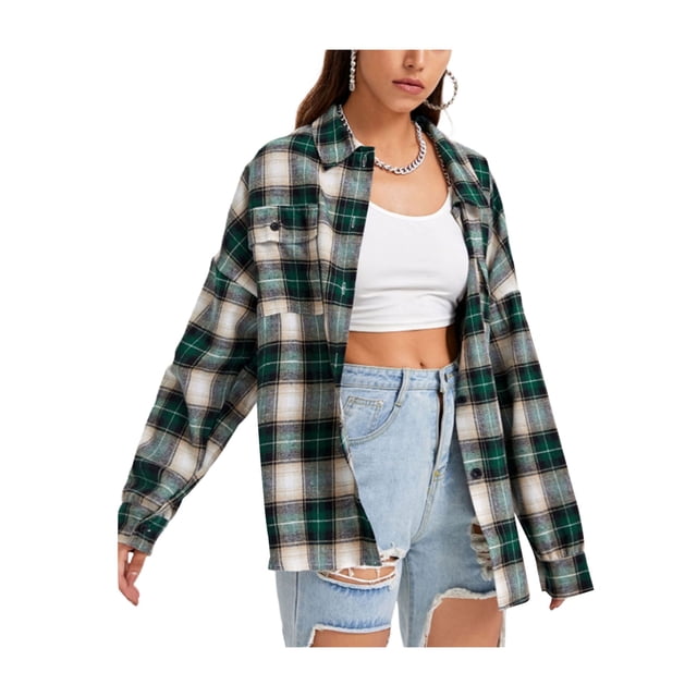 FOCUSNORM Surchemise pour Femmes Juniors, Adultes à Carreaux Col Rabattu Manches Longues Blouse