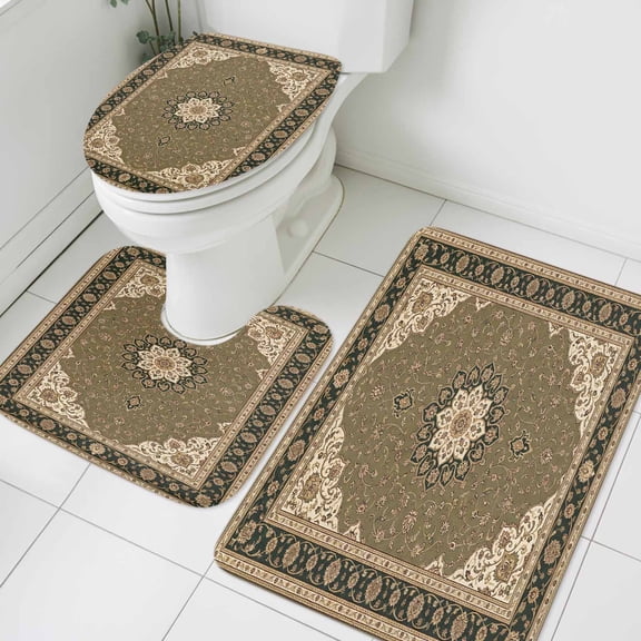 Brown Green Boho Bathroom Rugs Set Vintage Geometric Abstract Nordic Style Rustic Non Slip Absorbent Soft Bath Mats 3 Piece Set with Bathroom Rug, U-Shaped Floor Mat, Toilet Seat Cover Small Size