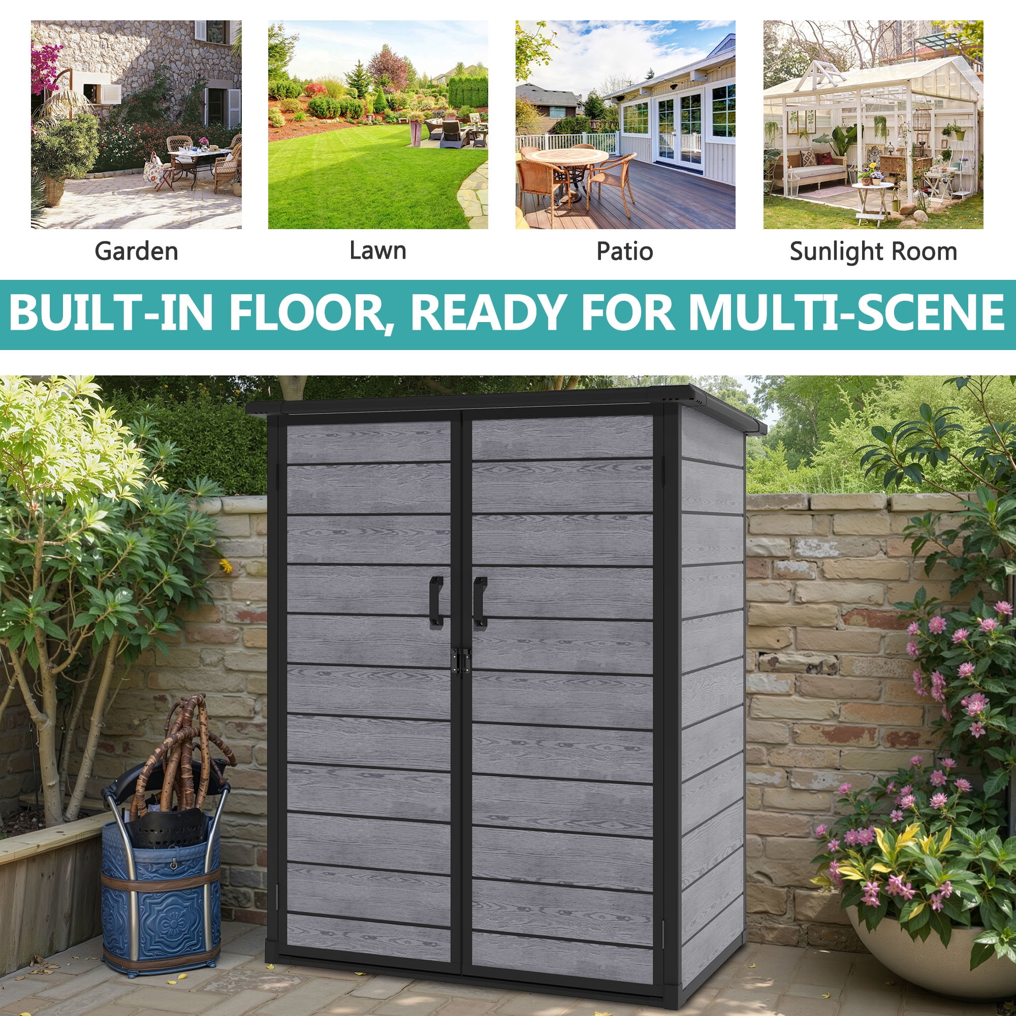 4.6x3FT Resin Storage Shed, Outdoor Lockable Cabinet with Floor and 2-Tier Shelf, Quick AssemblyDouble-Door Plastic Shed w/Floor & Sloping Top