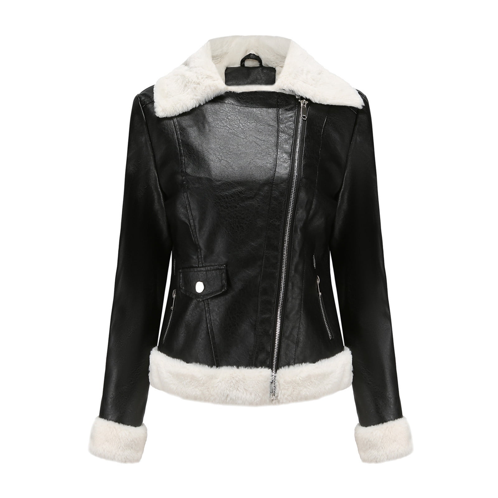 Wiyuqeen Women Faux Leather Sherpa Jacket Lapel Fleece Lining Crop Leather Coat Winter Warm Faux Fur Moto Jacket Y2k Shearling Bomber Jacket Streetwear
