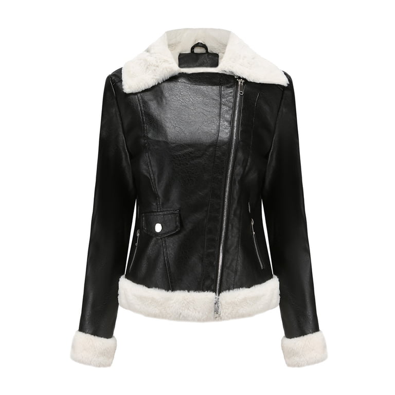 BLTIBY Women Leather Jacket Faux Fur Moto Jackets Thicken Fleece