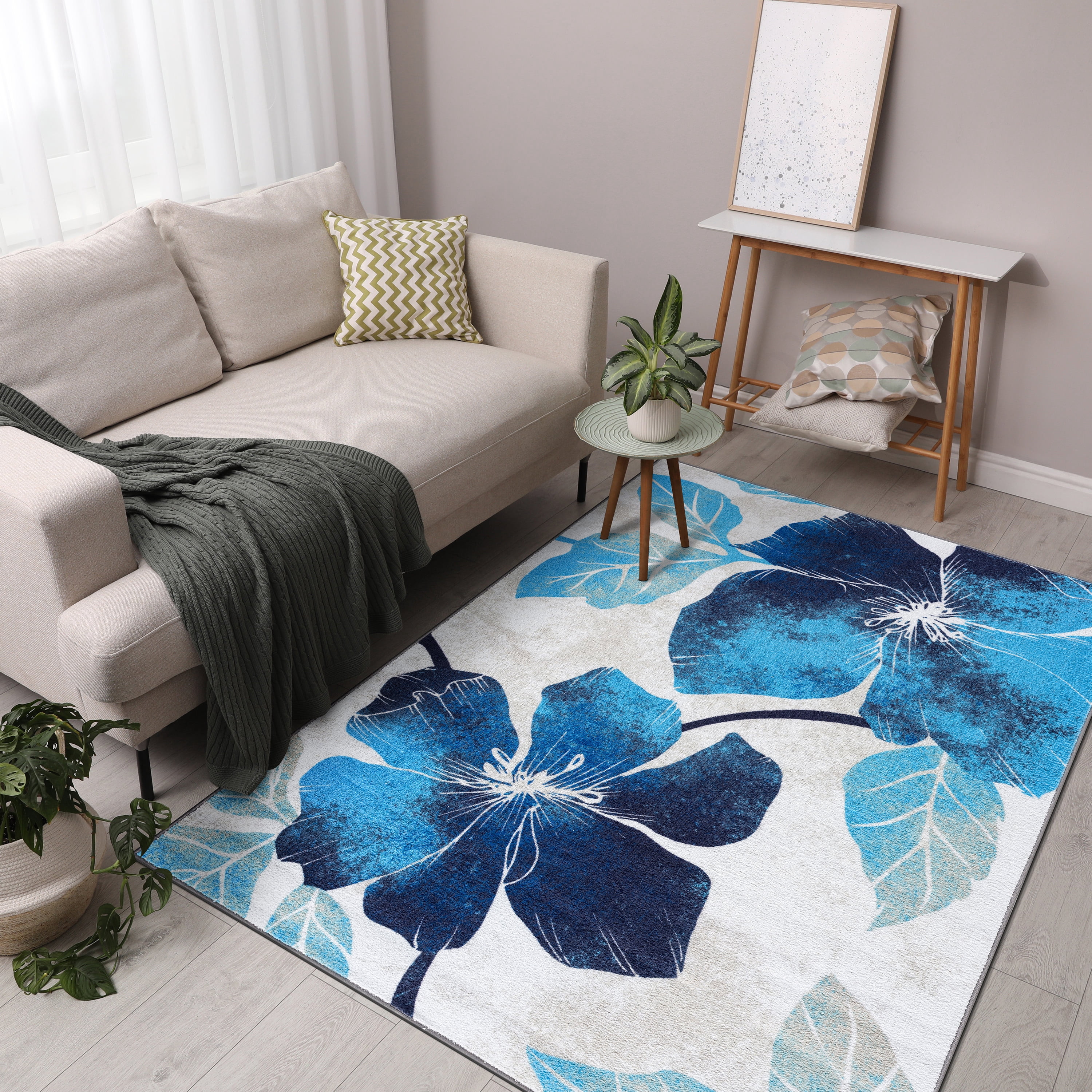 CAMILSON Solana Non Slip Modern Floral Indoor Area Rug Blue/Grey 5x7
