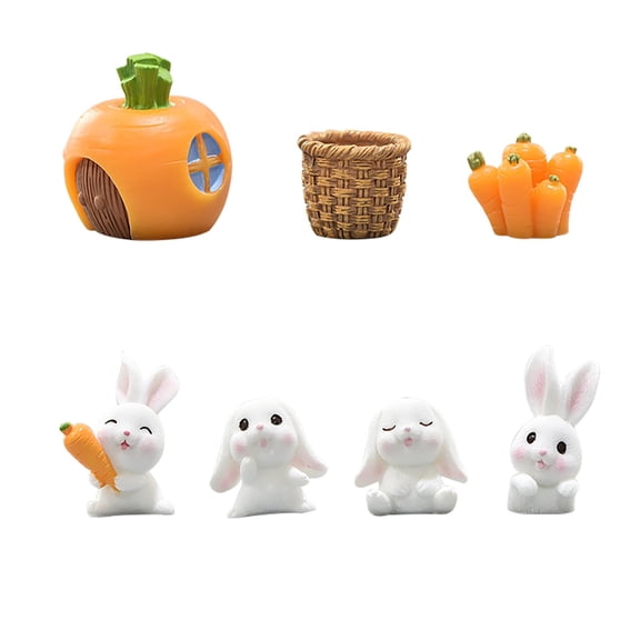 THHEIC Set of 7 Mini Resin Bunny Cake Toppers, Cute Rabbit Figurines for Kids Birthday Party Decor, DIY Miniature Landscape, Gift, and Decorative Supplies
