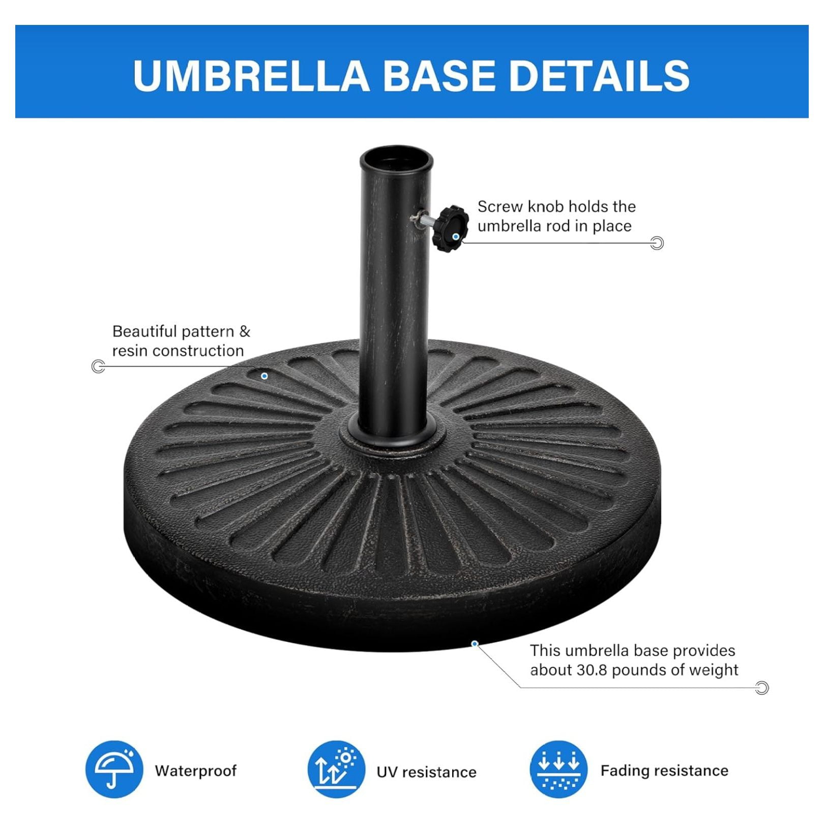 30.86lbs 18.11" Market Umbrella Base Heavy Duty Round Stand for Patio Outdoor, Deck, Black