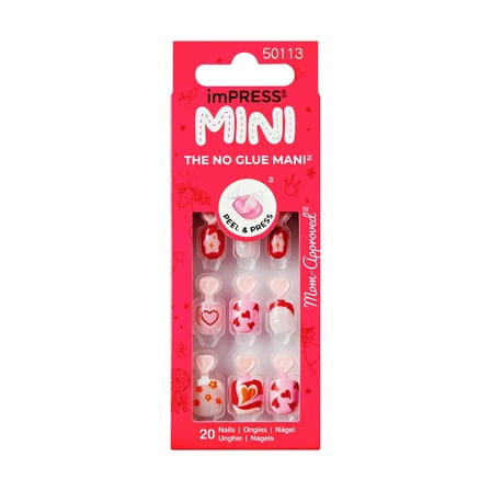 imPRESS MINI Valentine’s Day Press On Nails, ‘Little Heart’, Red, Kid Size Squoval, 21 Ct.