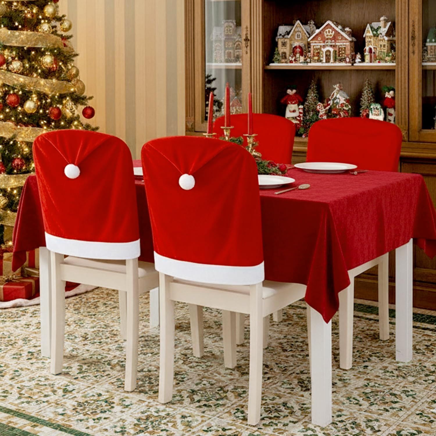 Christmas Chair Covers,Red and White Santa Claus Hat Chair Back Cover Christmas Chair Slipcovers for Xmas Kitchen Dinning Room Bar Decoration Holiday Festival Party Supply
