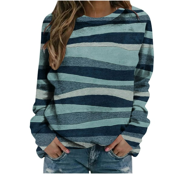 WREESH Womens Fashion Sweatshirt Casual Crewneck Sweatshirt Print Pullover Loose Fit Long Sleeve Tops Round-Neck Pullover Tops Comfortable Blouse Sweatshirt Blue