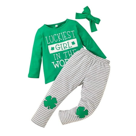 

YWDJ 18 Months-6 Years St Patrick s Day Girls Outfit Set Kids Top Trousers Hairband Set Three-piece Kids Green 5-6 Years
