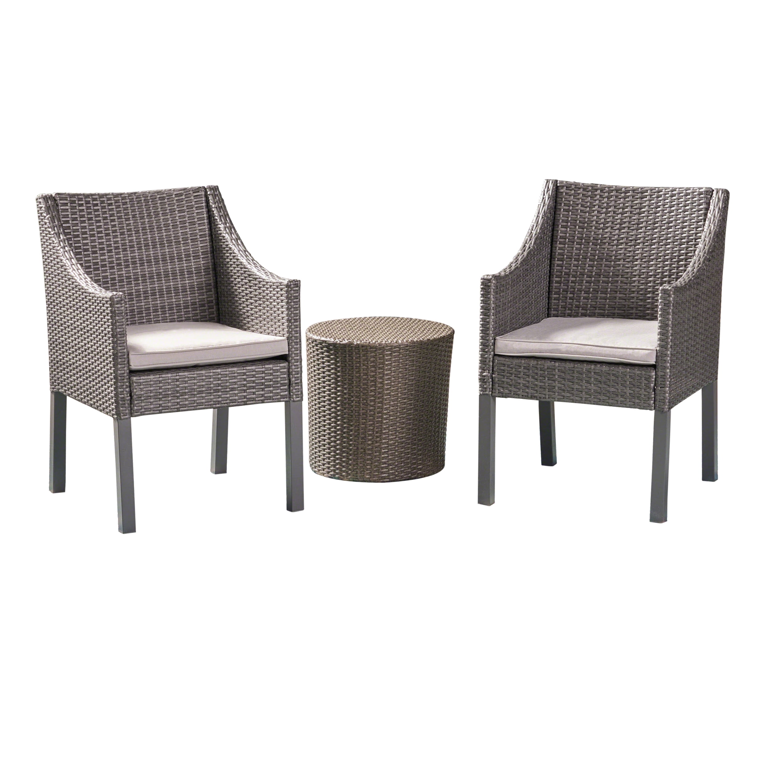 Philip Outdoor 3 Piece Wicker Chat Set with Cushions, Grey, Silver