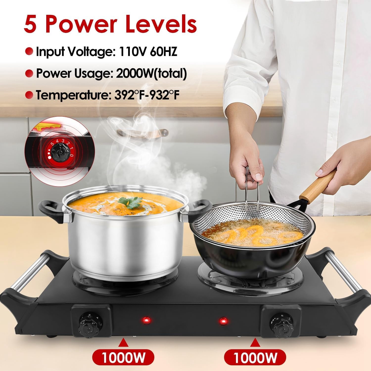 Spalivivre Hot Plate, 2000W Portable Electric Double Burner W/5 Level Temperature Control & Stay Cool Handles, Easy to Clean, Lightweight Cast Iron Electric Stove for Kitchen Camping Cooking, 110V
