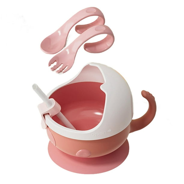 Tazón de succión,Cuenco,recipiente de comida con succión,cuchara,cuenco para bebés,Juego de platos aislantes para alimentación de bebé,Juego de cuchara y tazón aislante de acero rosa