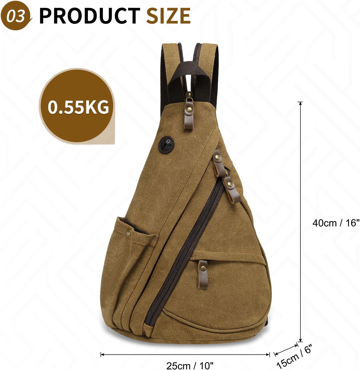 Vintage Canvas Sling Bag with Genuine Leather Zipper, 3 in 1 Crossbody, Backpack, and Chest Bag, for Travel, Hiking, 16x10x6 Inches