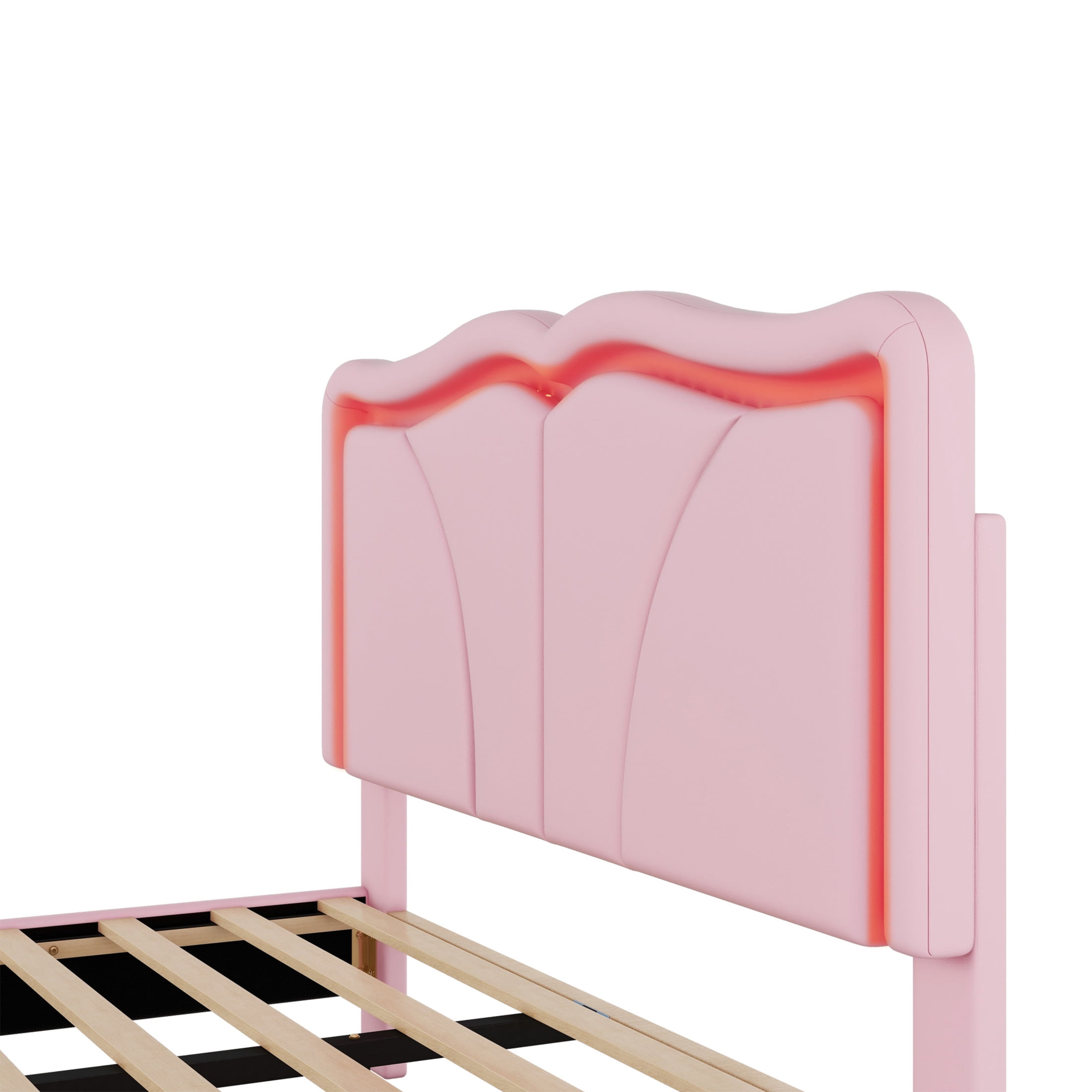 Noble House Sheila Full Upholstered Platform Bed, Curve Shaped Height-Adjustable LED Headboard, PU Leather, Pink