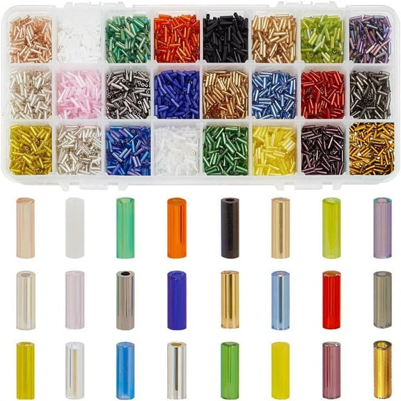 8400 Pcs 24 Colors Beading Glass Bugle Seed Beads Silver Lined Tube Spacer Bead Length 6mm for Earring Bracelet Necklace Eyeglass Chain Jewelry DIY Craft Making Mixed Color