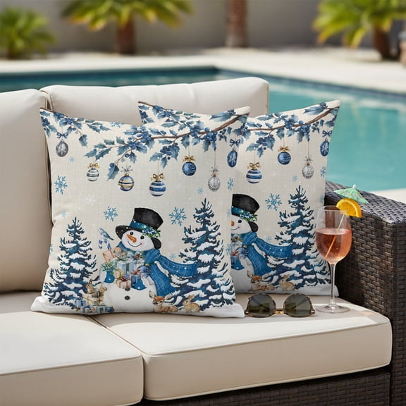 Blue Christmas Outdoor Pillow Covers 16x16 Inch Throw Pillow Covers Set of 2 Waterproof Decorative Pillow Cases Snowman Xmas Tree Balls Snowflake Rustic Cushion Covers for Patio Furniture Garden