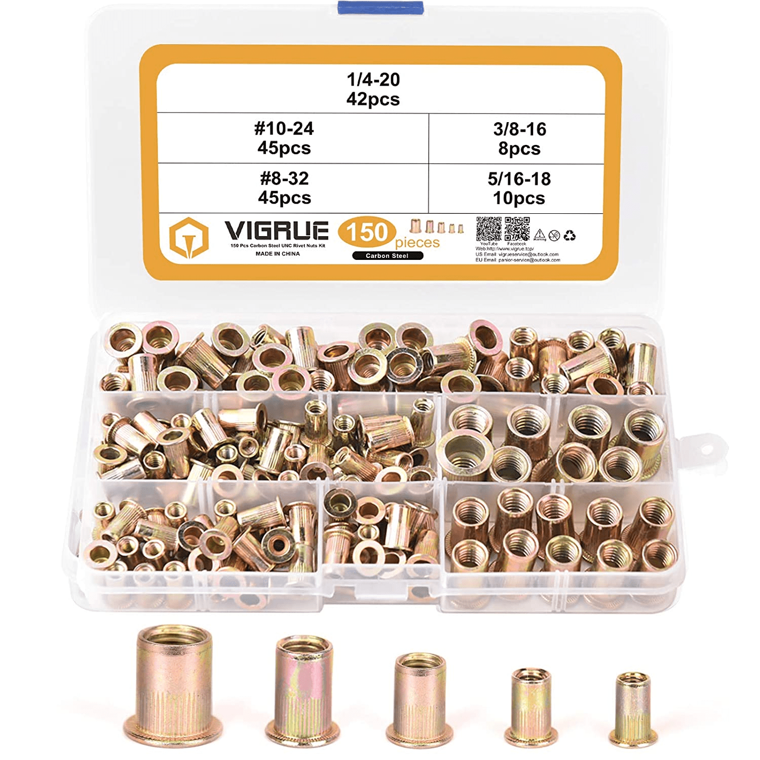 150Pcs Steel Rivet Nut Rivnut Nutsert 1/4-20 10-32 10-24 8-32 6-32 Kit Set 