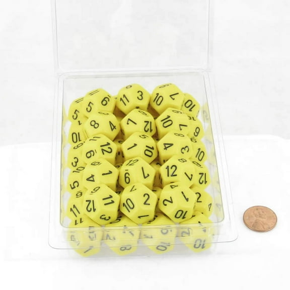 Yellow Opaque Dice with Black Numbers D12 Aprox 16mm (5/8in) Pack of 50 Wondertrail
