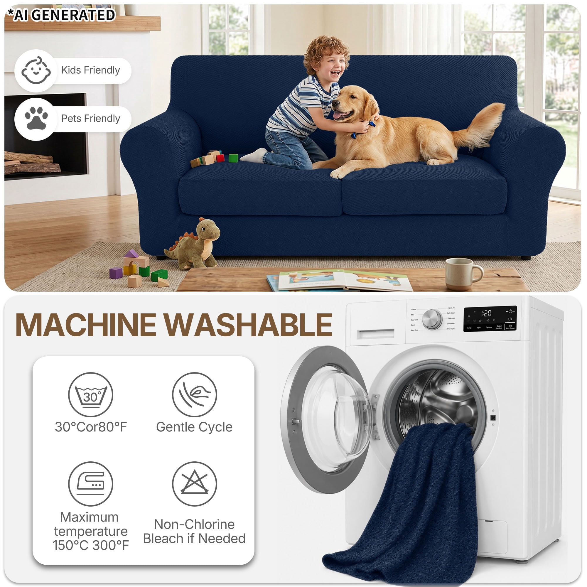 JIATER 2-Piece Armchair Sofa Cover Stretch Couch Cover Washable Sofa Slipcover Furniture Protector with 1 Cushion Cover,Navy