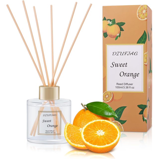 100ml Scent Diffuser with 6 Fiber Sticks, 3.5 oz Reed Diffuser Set Aromatherapy Fragrance Diffusers Air Fresheners for Home Bedroom Bathroom (Orange)