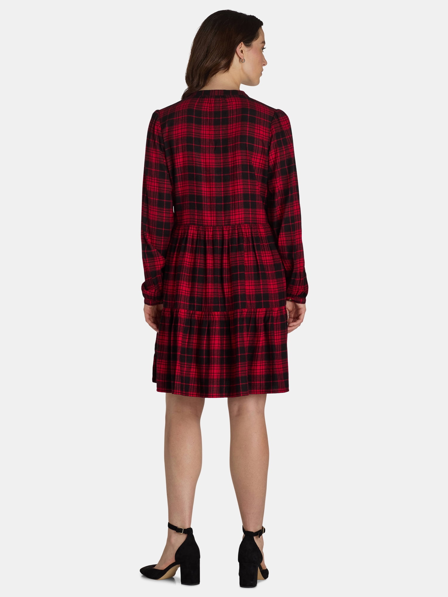 Time And Tru Women's and Women's Plus Tiered Plaid Shirt Dress, Sizes XS-4X
