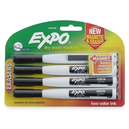 EXPO Magnetic Dry Erase Markers with Eraser, Fine Tip, Black, 4-Count