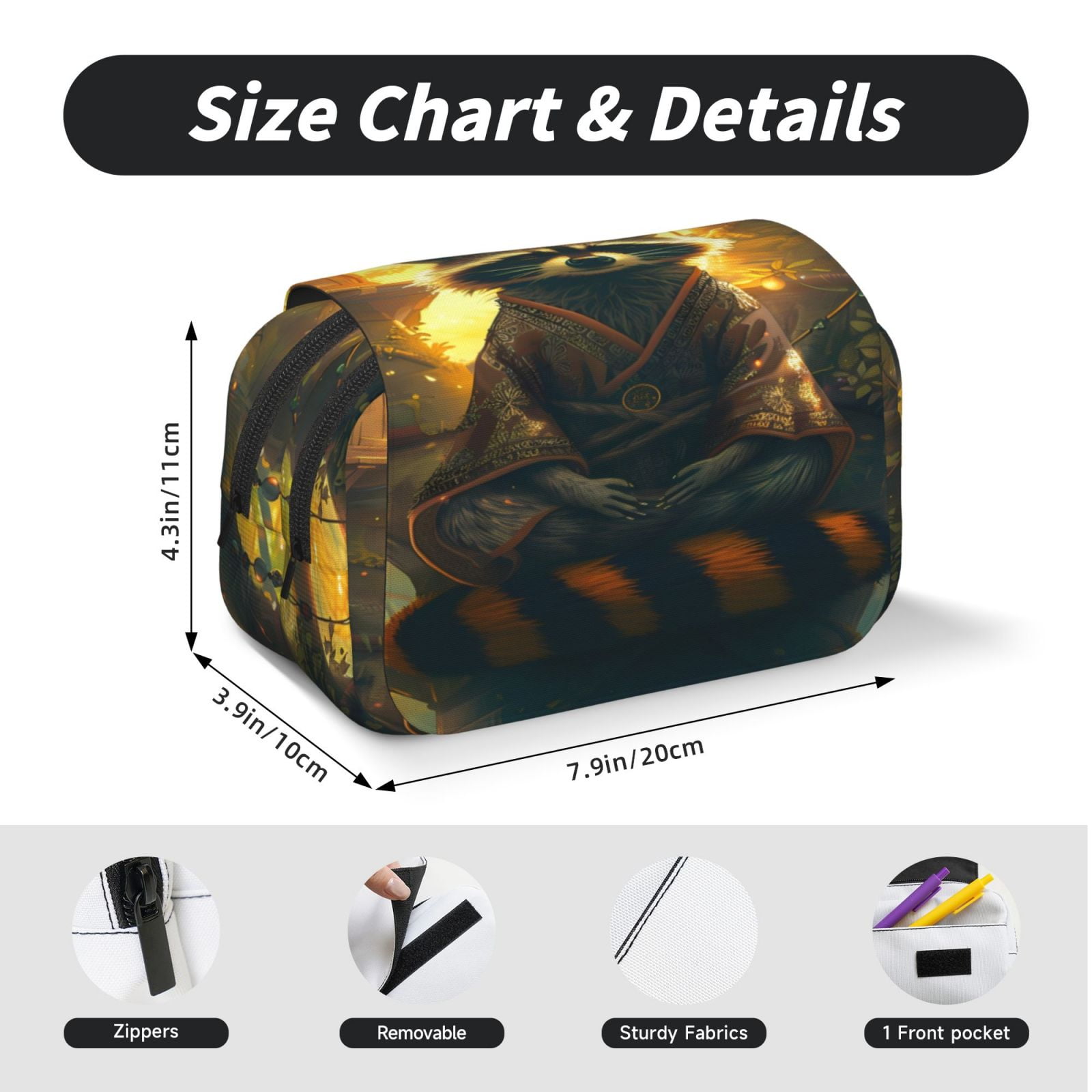 Rateoe Tree Meditating Raccoon Pattern Double Clamshell Pen Case, Storage Organizer with Two Zipper Compartments– Holds Up to 50 Pencils & Pens