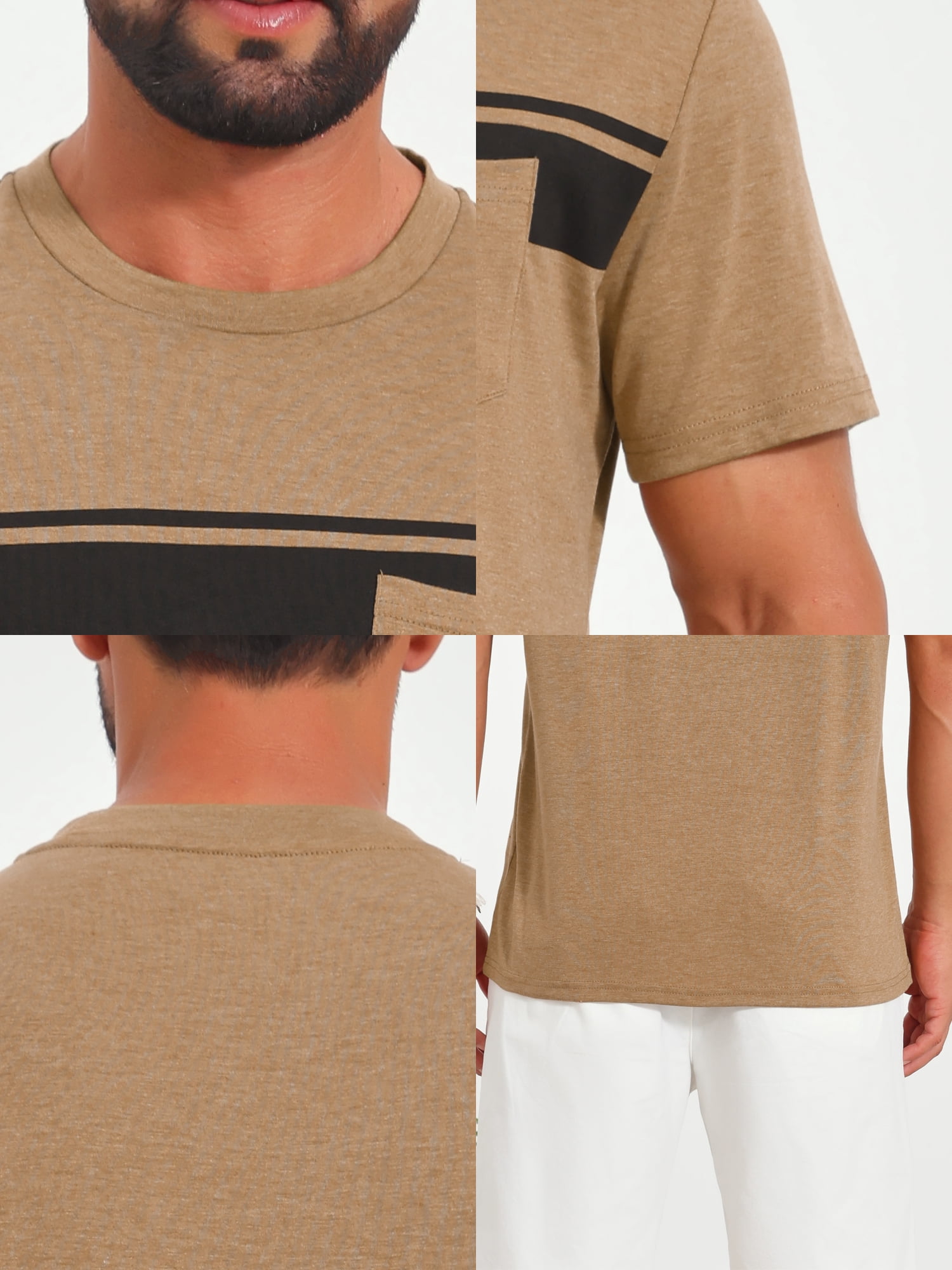 DARING DIVA Men's Chest Pocket Striped Print Crew Neck Short Sleeve T-Shirt XL Khaki