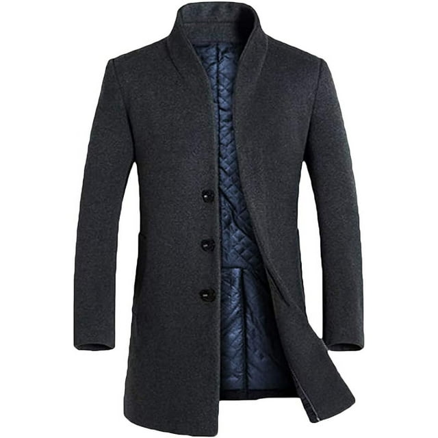 Men's Trench Coat Long Wool Blend Overcoat Slim Fit Down Topcoat