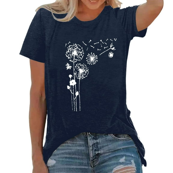 Women Summer Tops Women's Fashion Print Top Loose Crew Neck T Shirt Workout Shirts Women Fit V Neck Ladies Tee Shirt Camping Novelty Items 3x Short Sleeve Tops Sheer Athletic Wear Sky for Dark Blue M