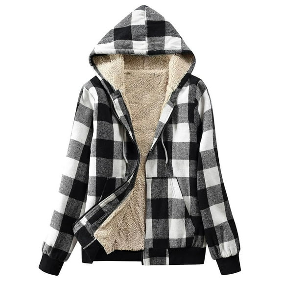 Ahabrexf Winter Jackets for Women, Plush-Lined Hooded Flannel Jacket Full-Zip Sherpa Coat with Pockets