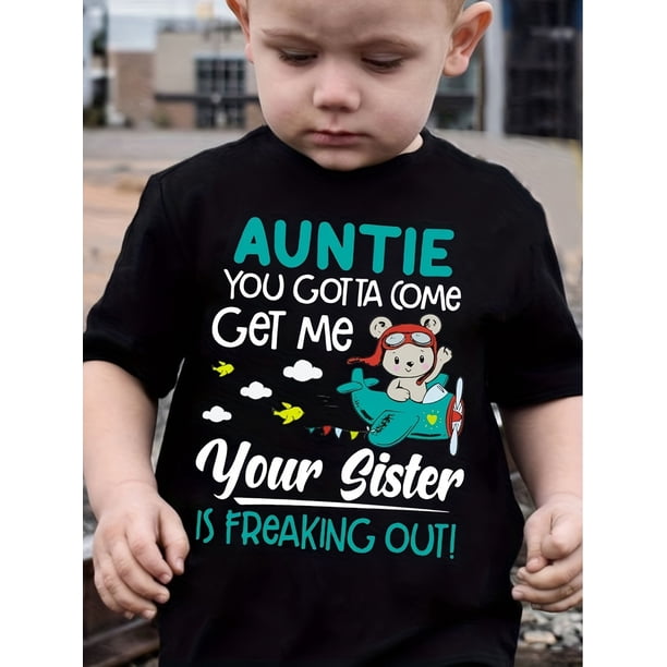 Boys' Humorous "Auntie, You Gotta Come Get Me" Short Sleeve T-Shirt - 100% Polyester, Crew Neck, Casual Summer Top with Colorful Letter Print & Airplane Illustration, Playful Graphic Tee|Cartoon Airp