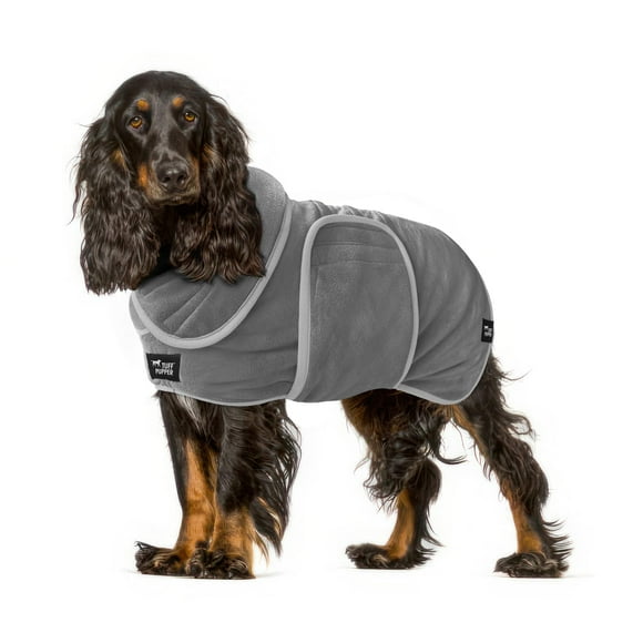 Tuff Pupper Fast Drying Dog Bath Robe | 800 GSM Plush Dog Towel Bathrobe/Dressing Gown | Super Absorbent Pet/Puppy Bathrobe | Adjustable Hood & Belly Strap | Super Soft | Fast Drying (M, Gray)