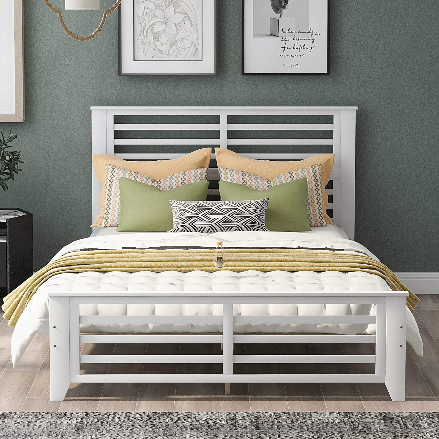 Full Size Platform Bed, Wooden Bed Frame w/Horizontal Strip Hollow