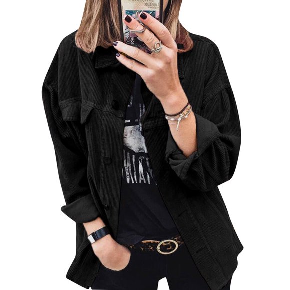 PENGXIANG Women‘s Corduroy Jackets Cardigan Button-down Outwear Blouse Tops Shirt
