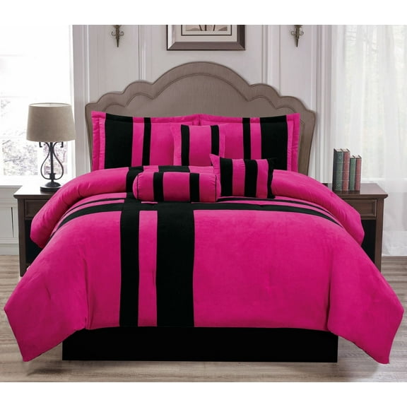 Best Linen 7 Piece Home And Garden Decor Soft Suede Comforter Set, Queen, Pink & Black Stripe
