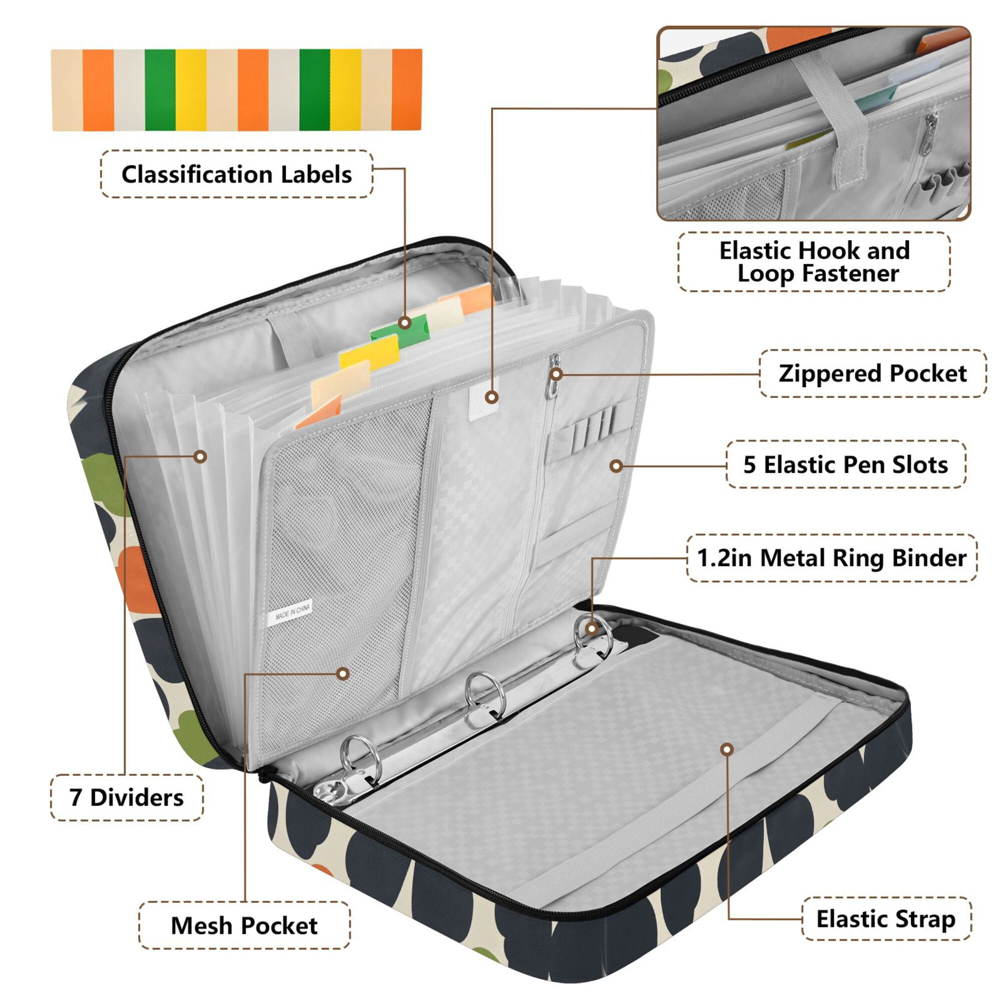 FORMRS Accordion File Folder A4 Size 7-Pocket Expanding Document Organizer Bag with 3 Ring Binder, Black Clover Pattern